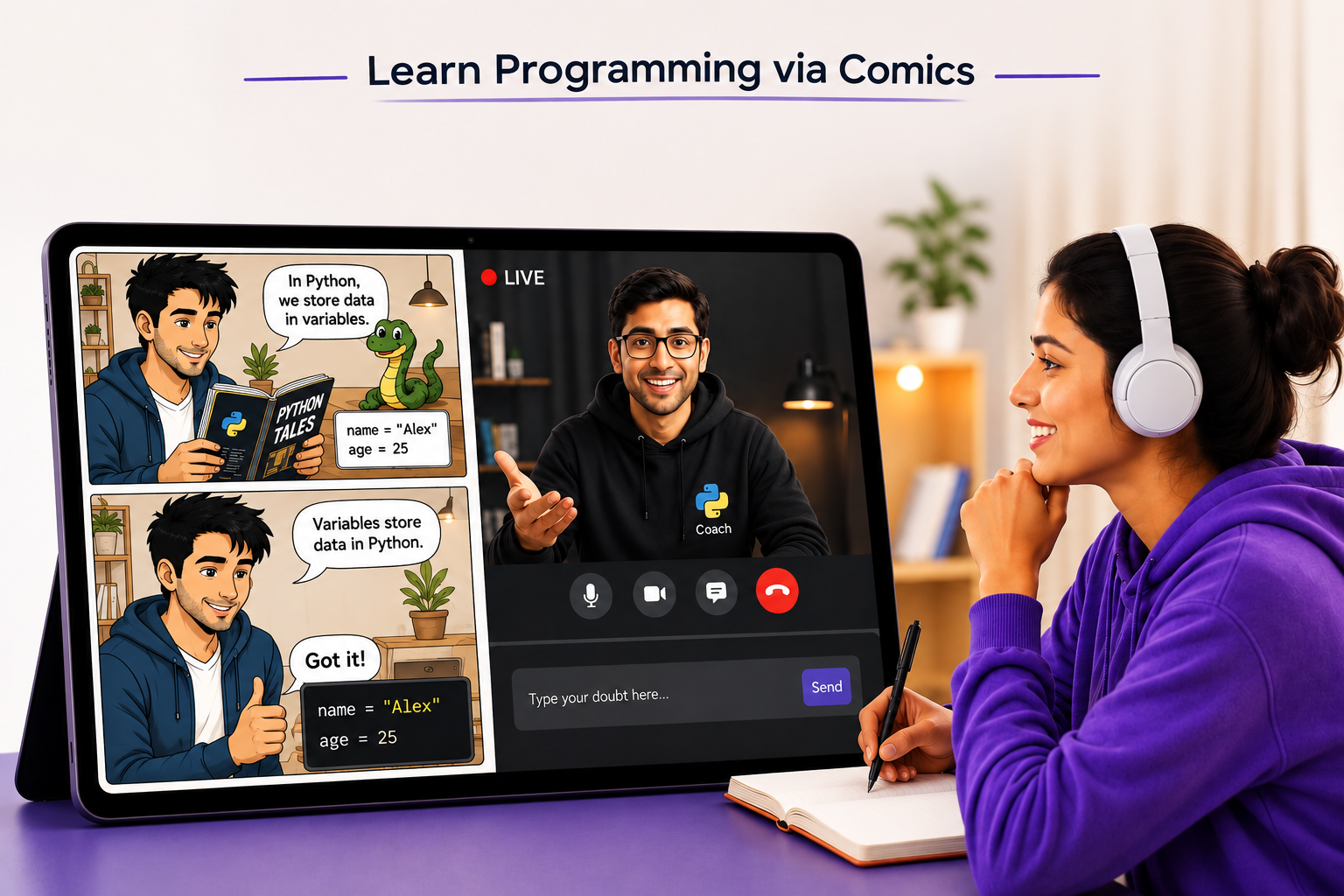 Learn Python through comics with live coaching